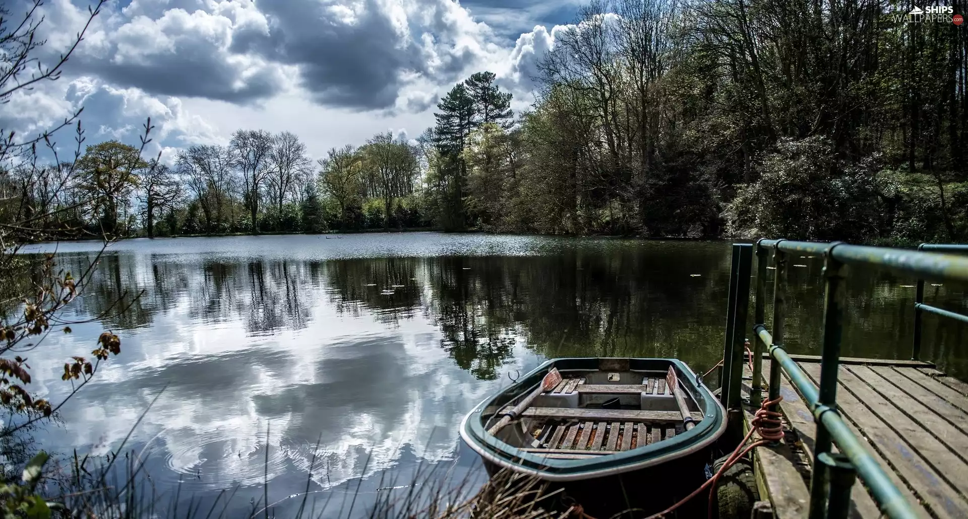 viewes, lake, Platform, reflection, Boat, trees