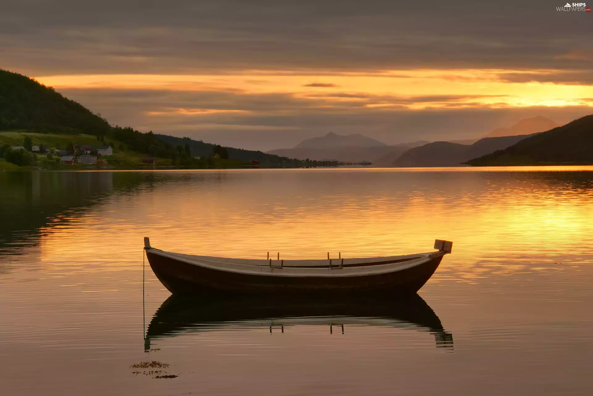 Sunrise, River, Boat, The Hills