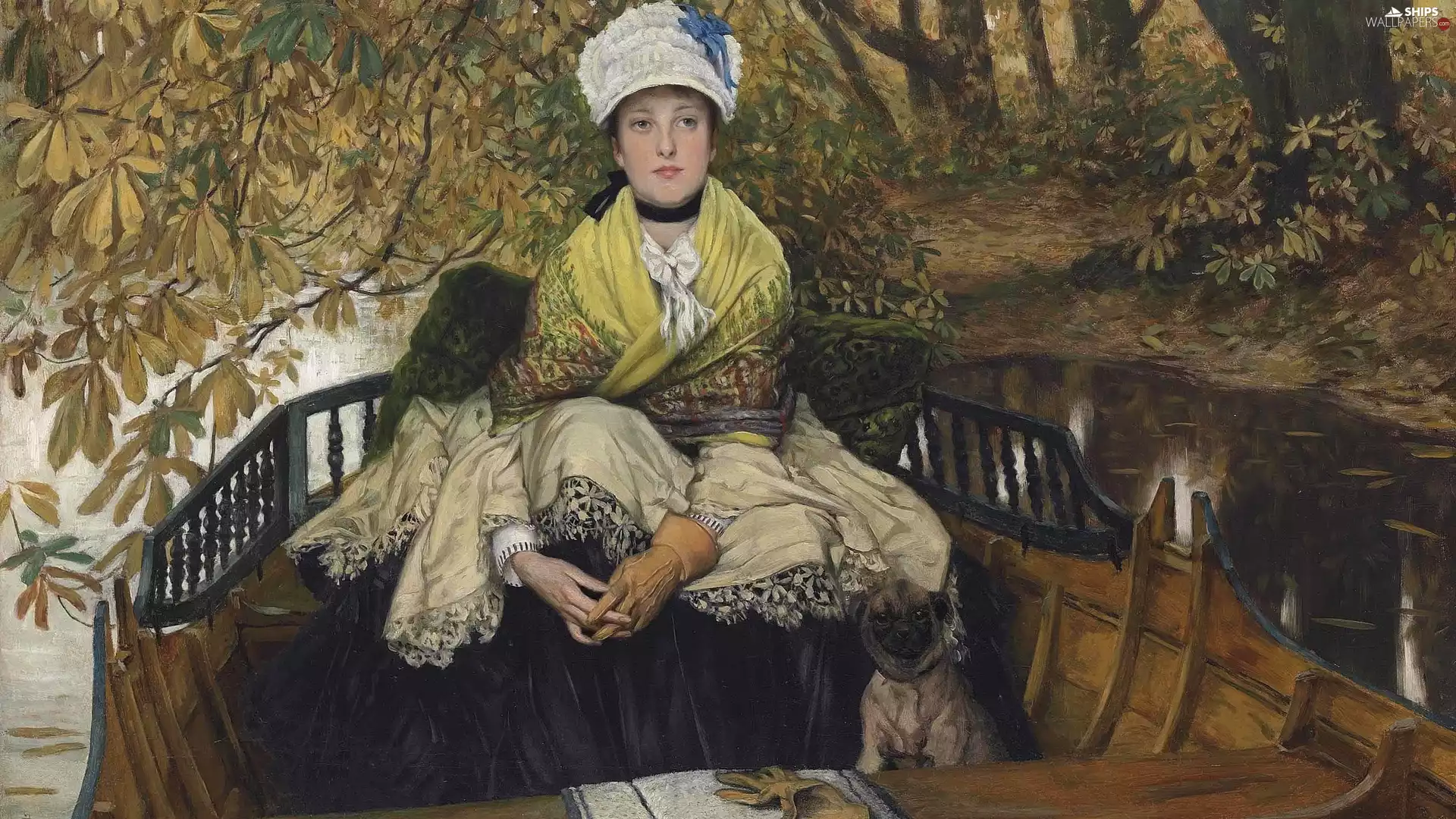 Women, picture, Boat, James Tissot, painting, dog, River