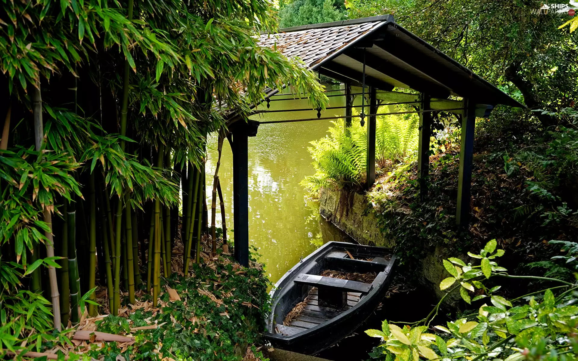Boat, bamboos, roofing, River