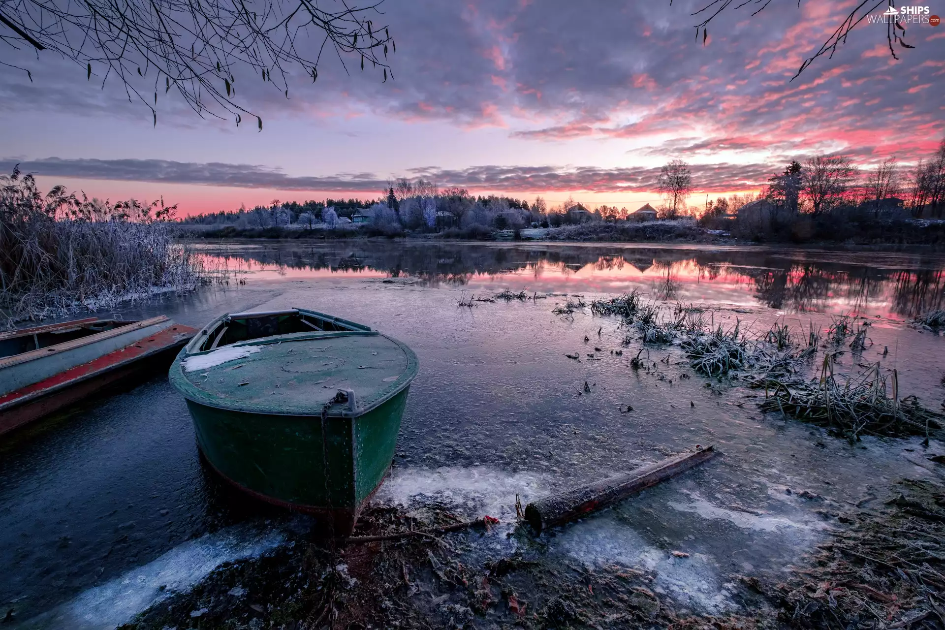trees, boats, frosted, viewes, clouds, Latvia, Latgale, Icecream, Dubna River, Sunrise, grass