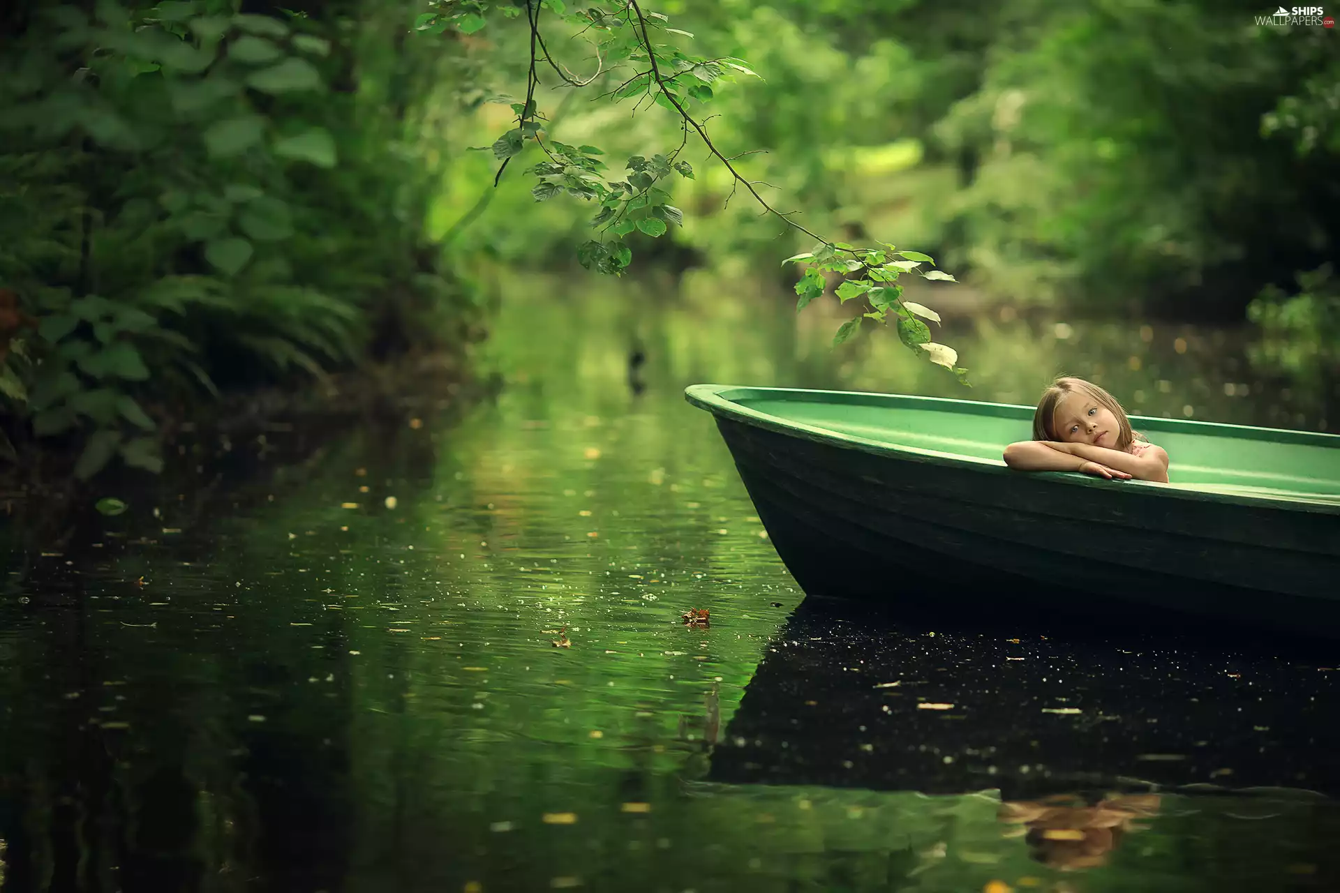 girl, green, Boat, River