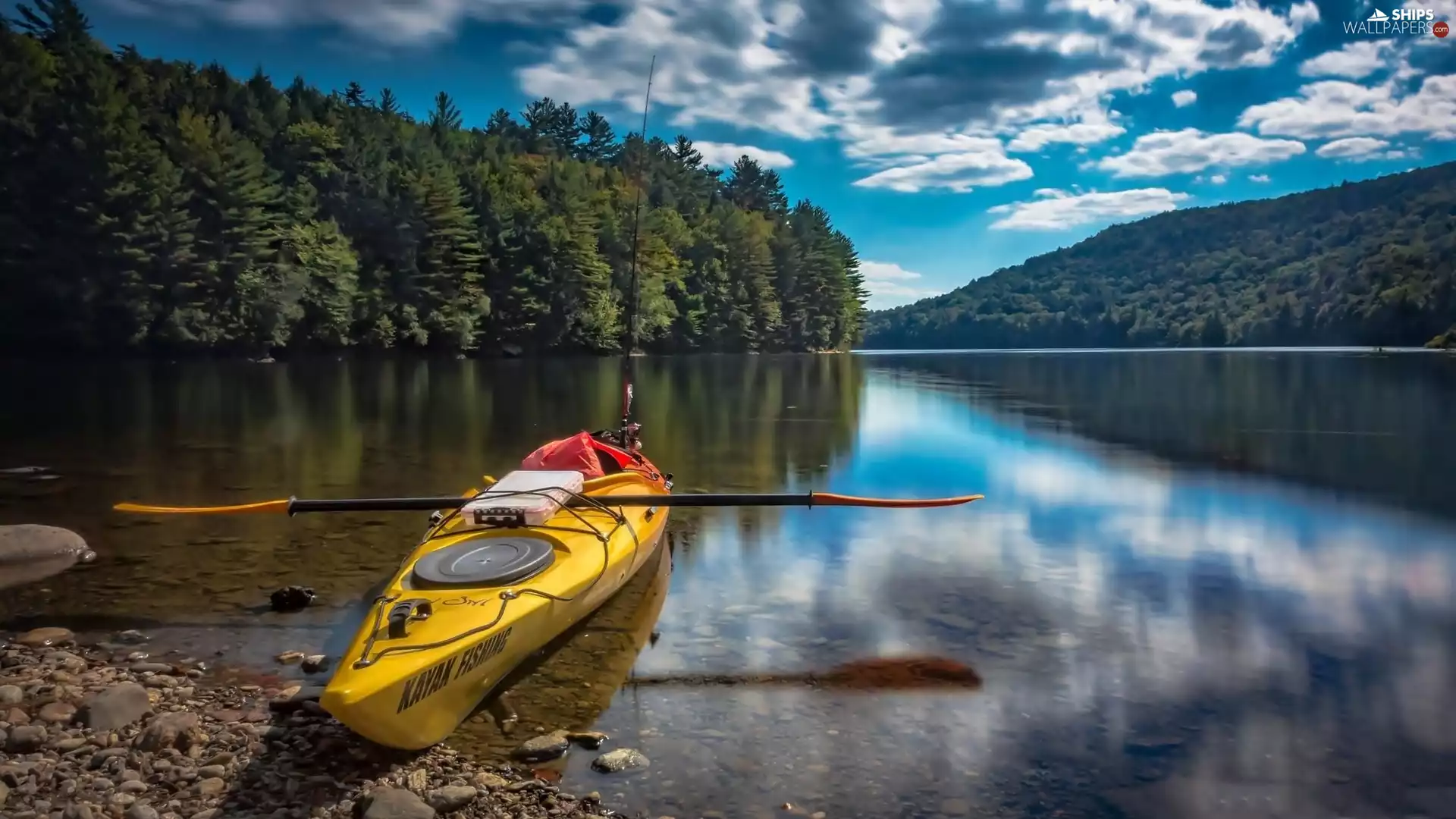 Kayak, woods, Mountains, River
