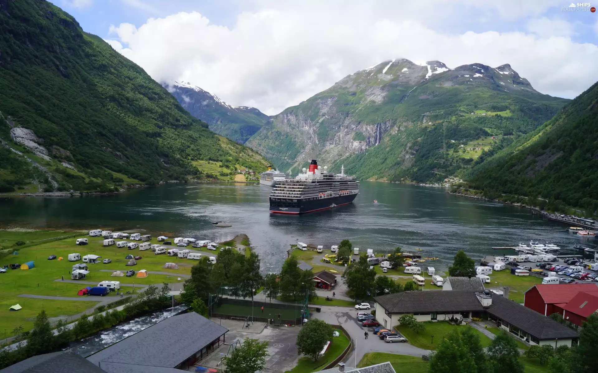Mountains, passengers, object, River, vessels, buildings, touristic