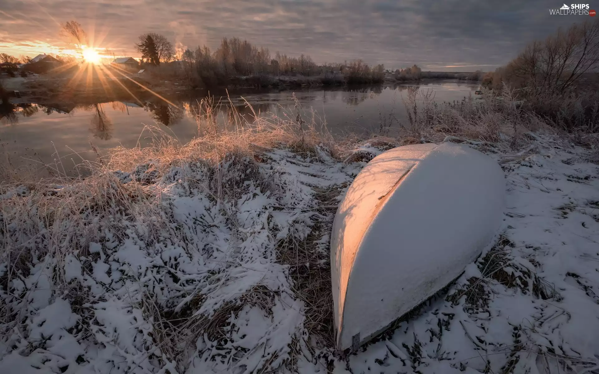 Boat, winter, Dubna River, grass, Latgale, Latvia, trees, viewes, rays of the Sun
