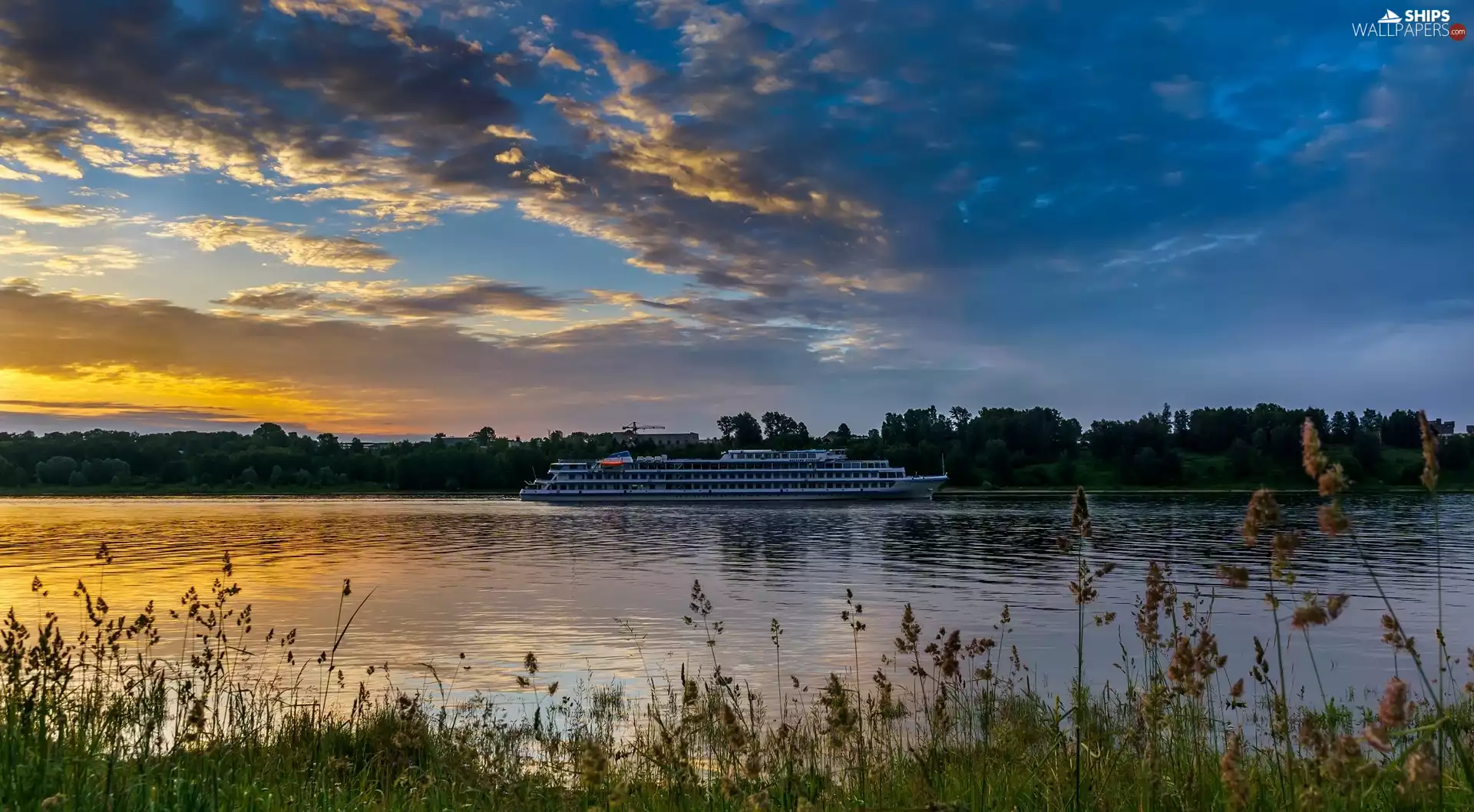 Ship, Plants, clouds, River