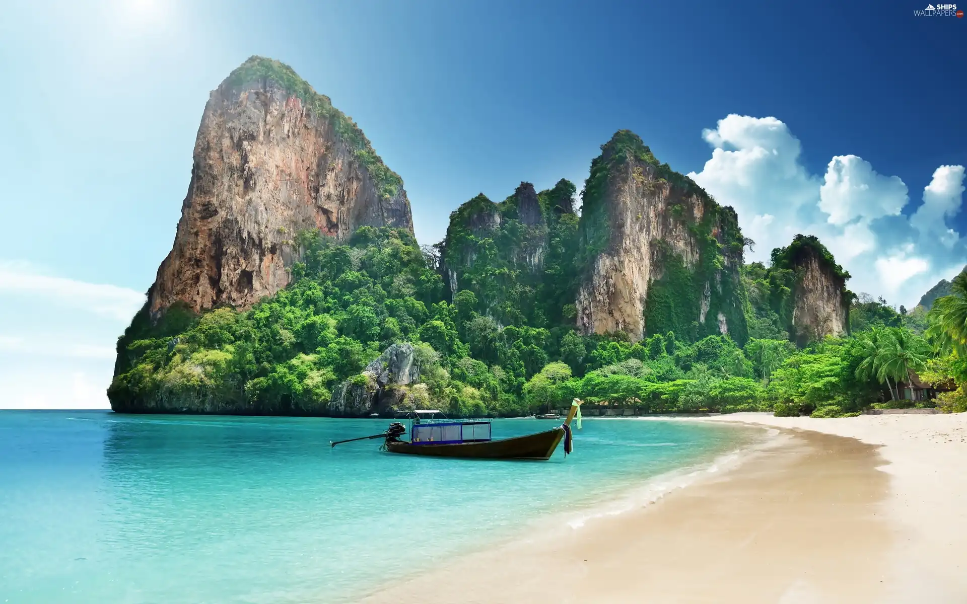 rocks, forest, sea, Beaches, Boat