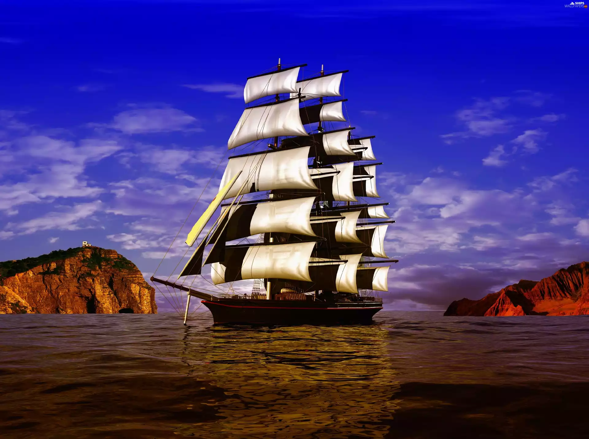 sailing vessel, sea, rocks