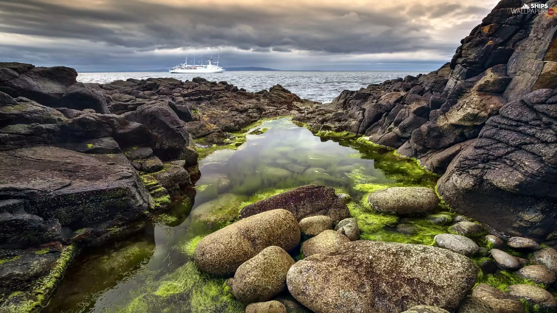 sea, Stones, Ship, rocks