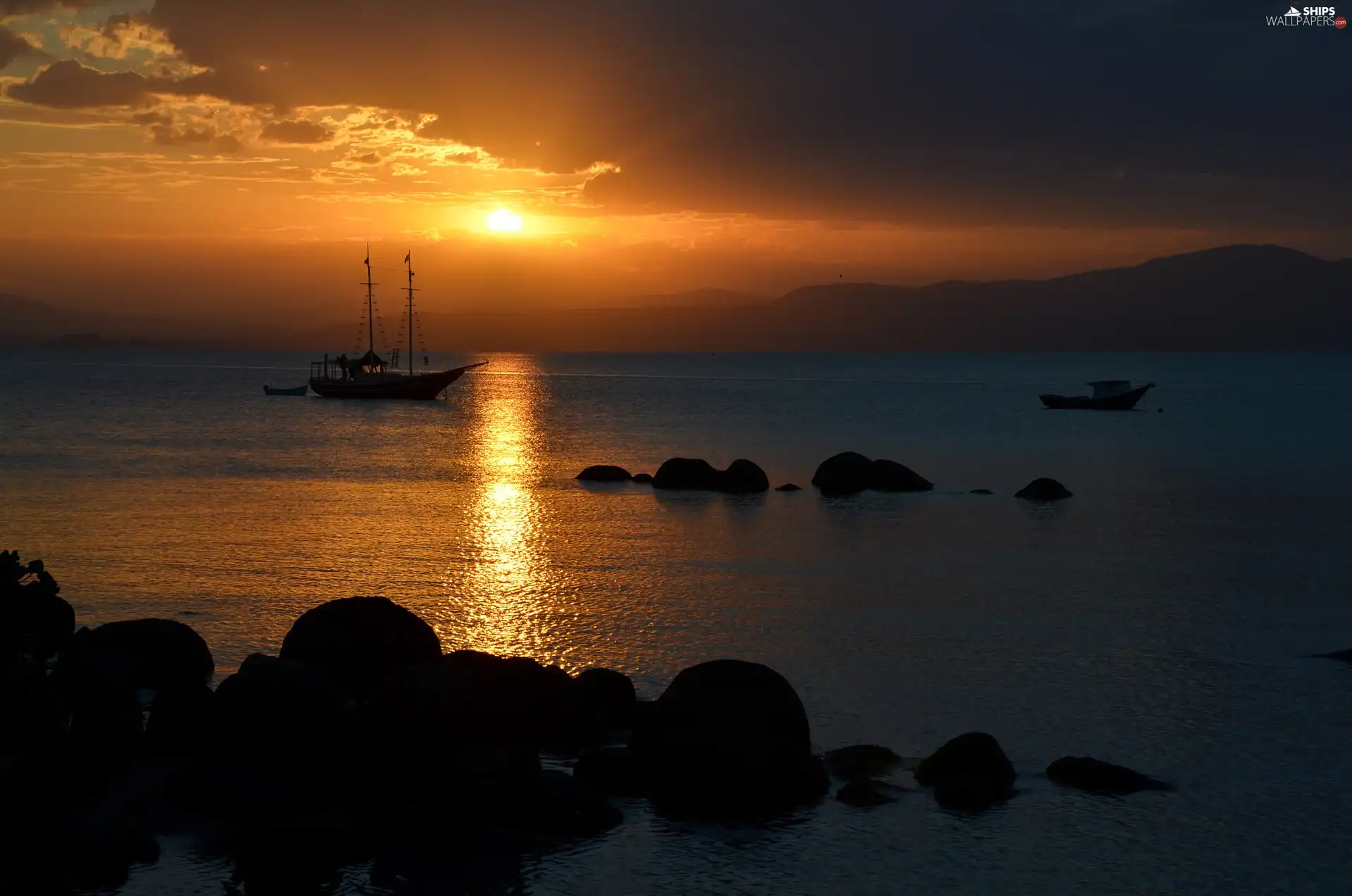 rocks, sailing vessel, sun, sea, west