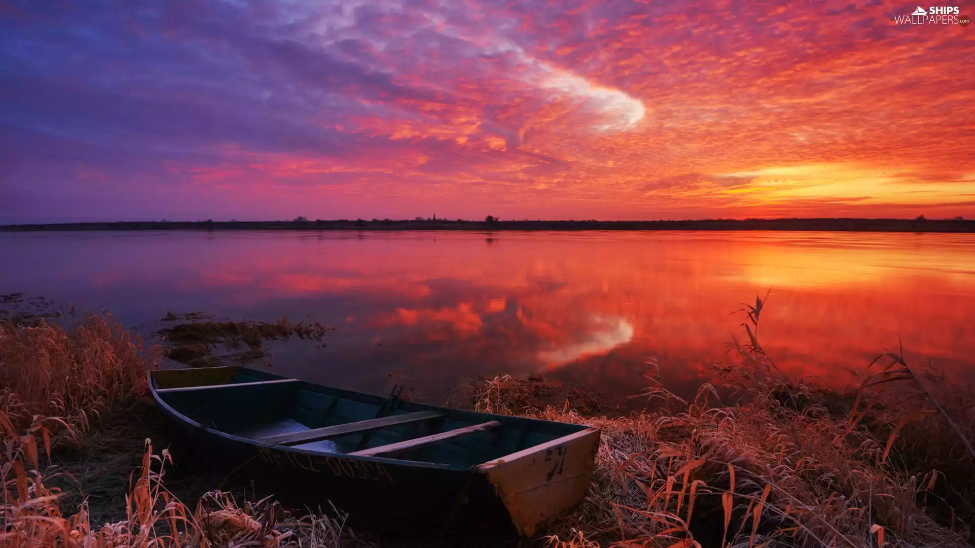 River, rushes, Great Sunsets, Boat