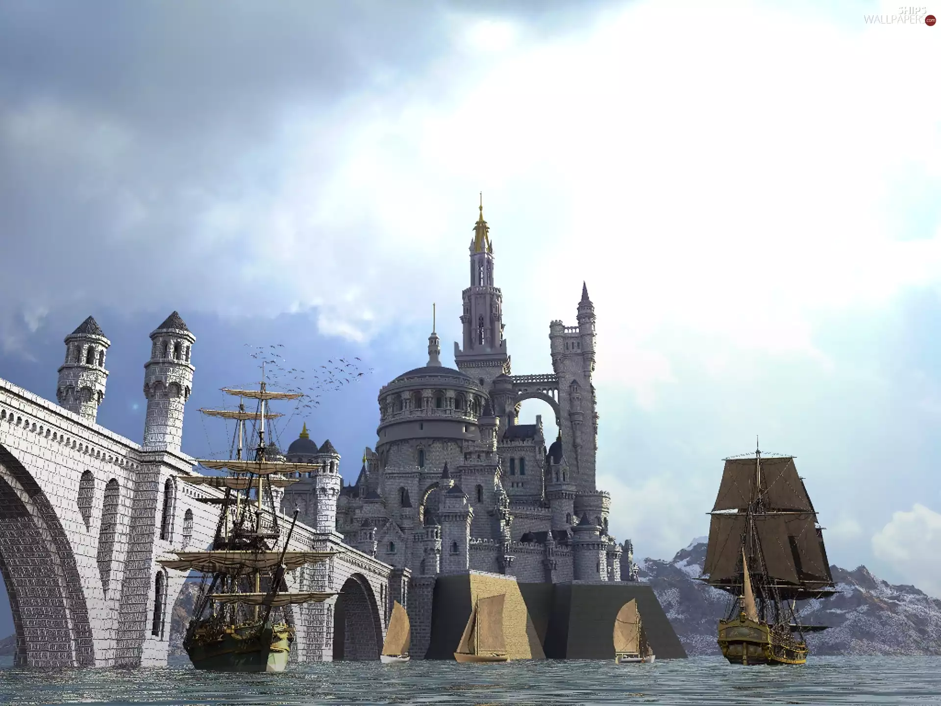 sailboats, Castle, bridge