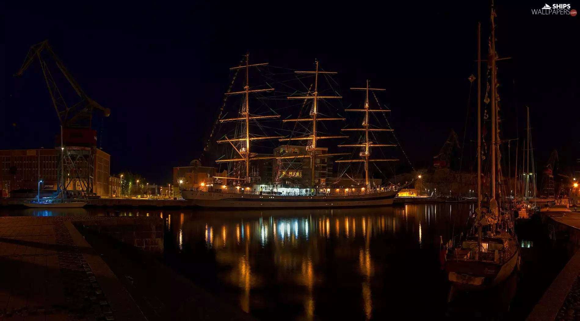 port, Sailboats, sailing vessel, Night
