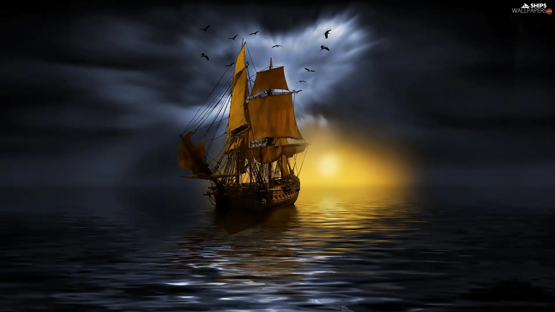 sailing vessel, birds, Sunrise, sea, dawn