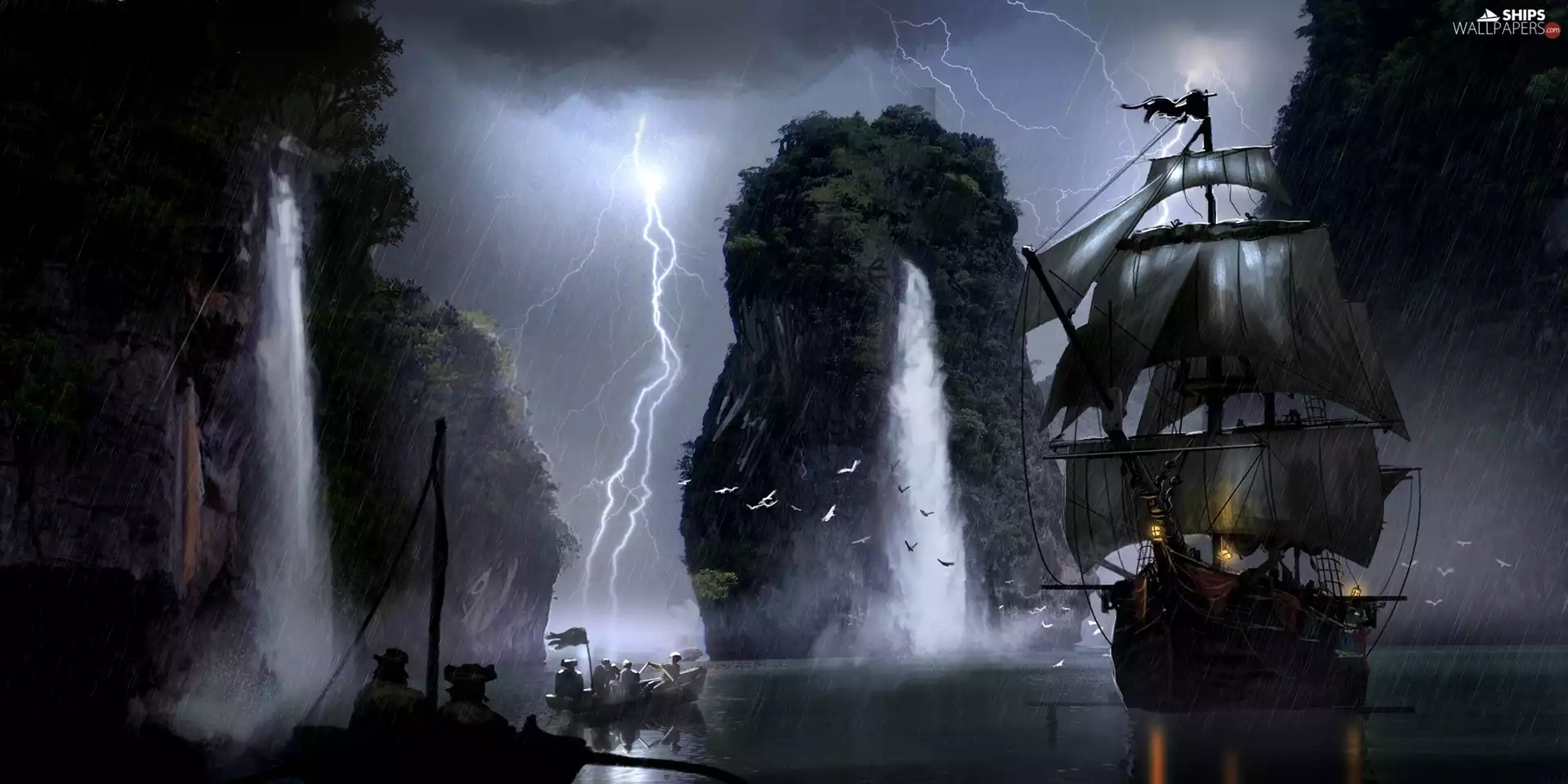 Rain, Storm, Boat, sailing vessel, waterfalls, lightning