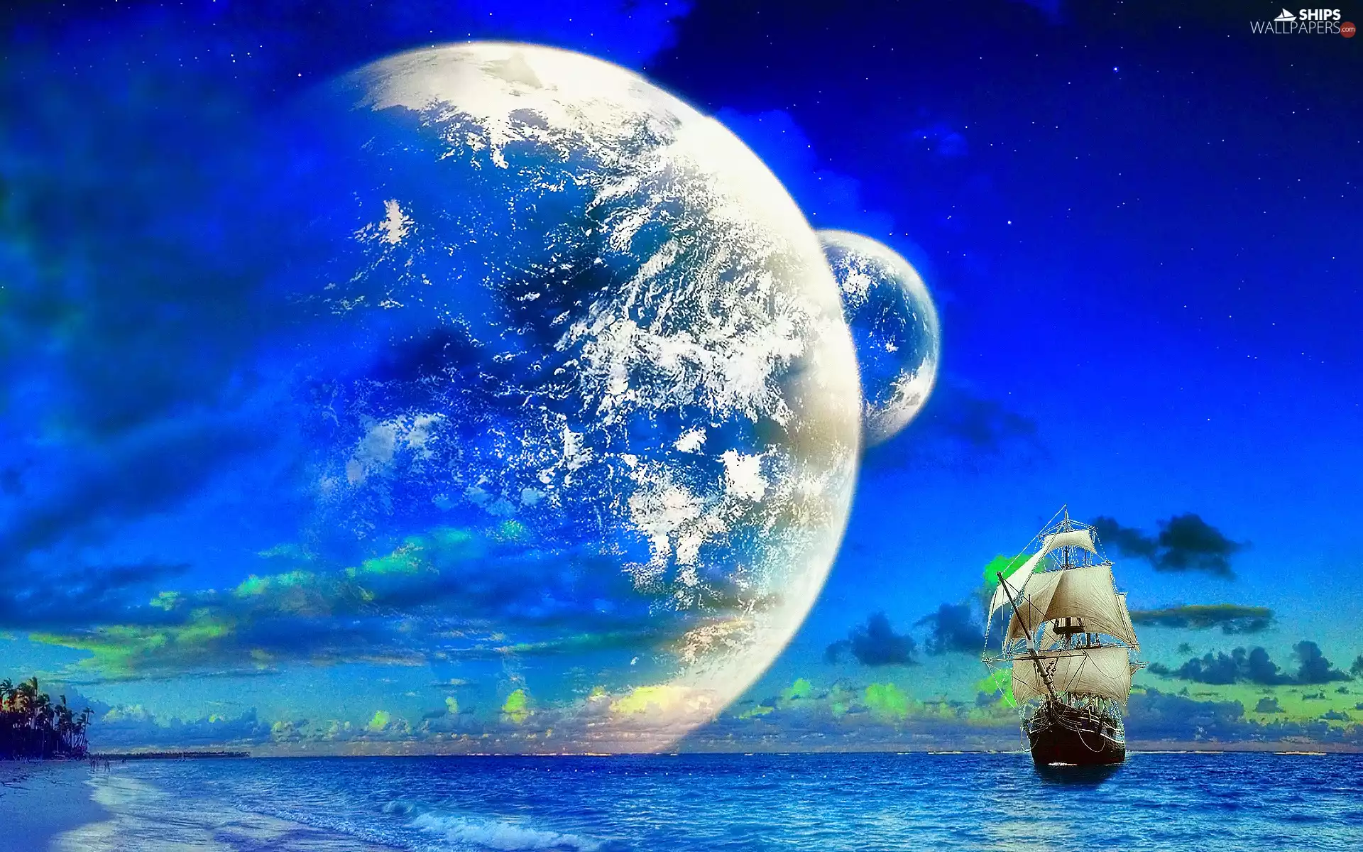 Planets, sea, Ship, sailing vessel, graphics