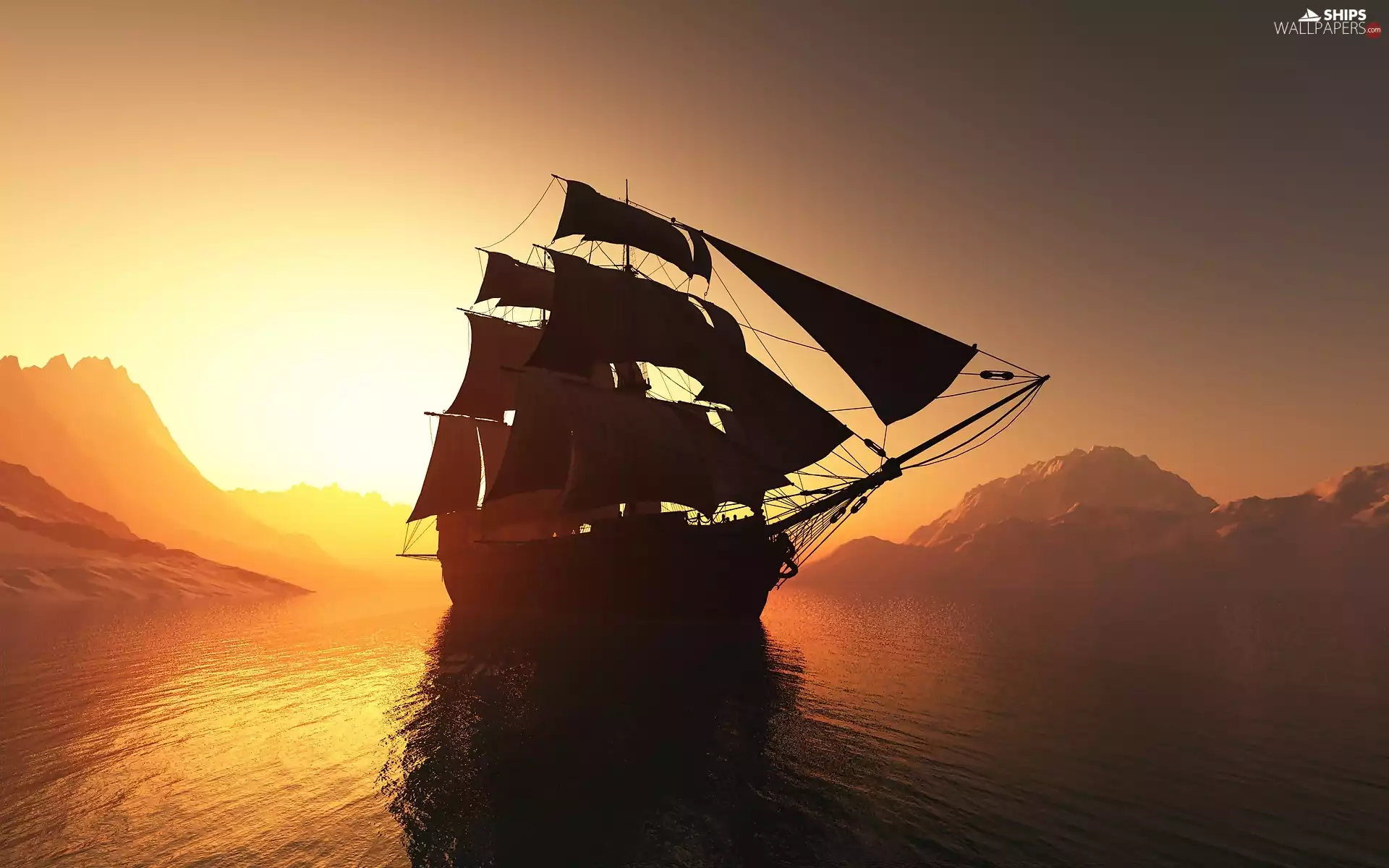 Mountains, Great Sunsets, sailing vessel, sea