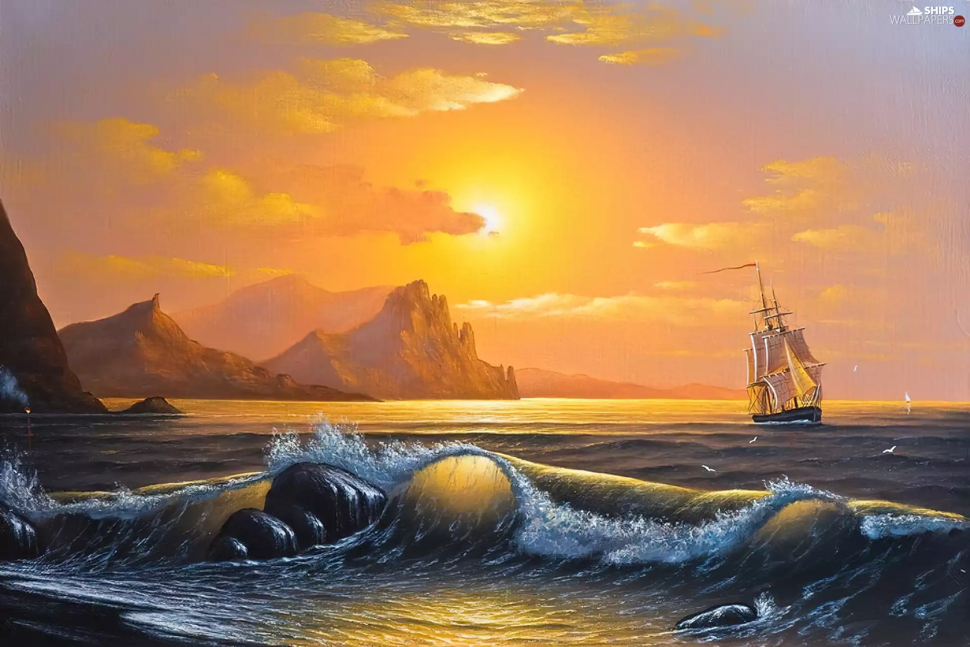 west, sun, Waves, sailing vessel, sea