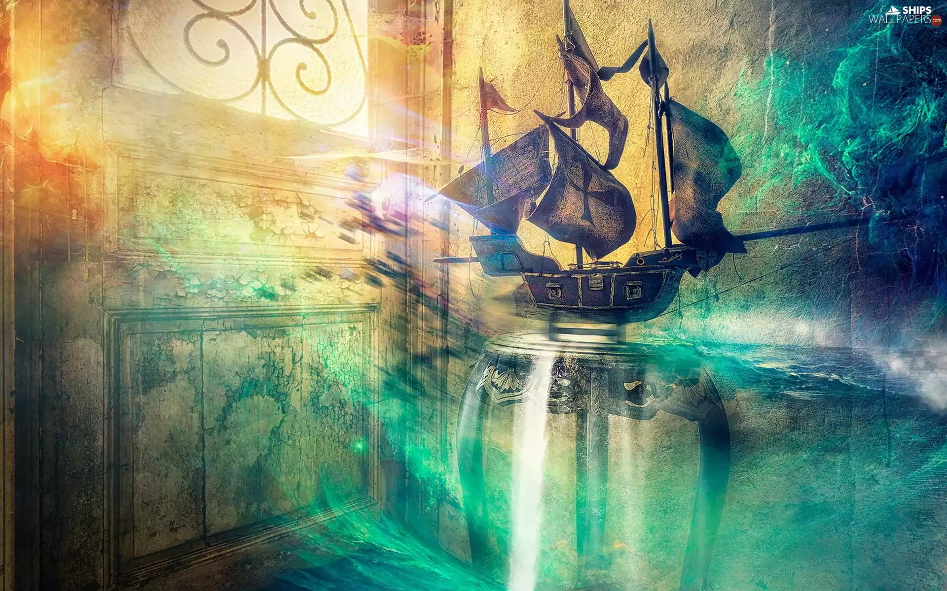 sailing vessel, Window, luminosity, ligh, flash, Ship, fantasy, sun