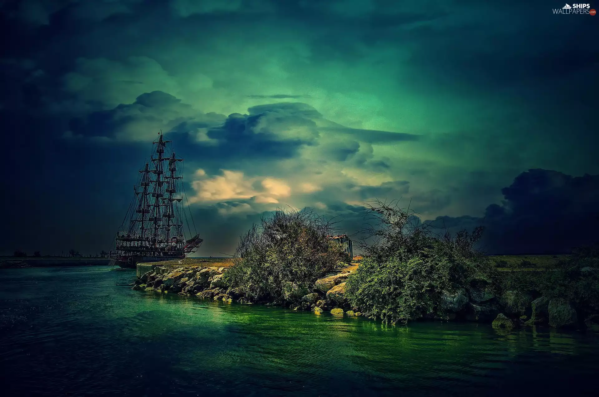 coast, sea, Ship, sailing vessel, Stones, Sky