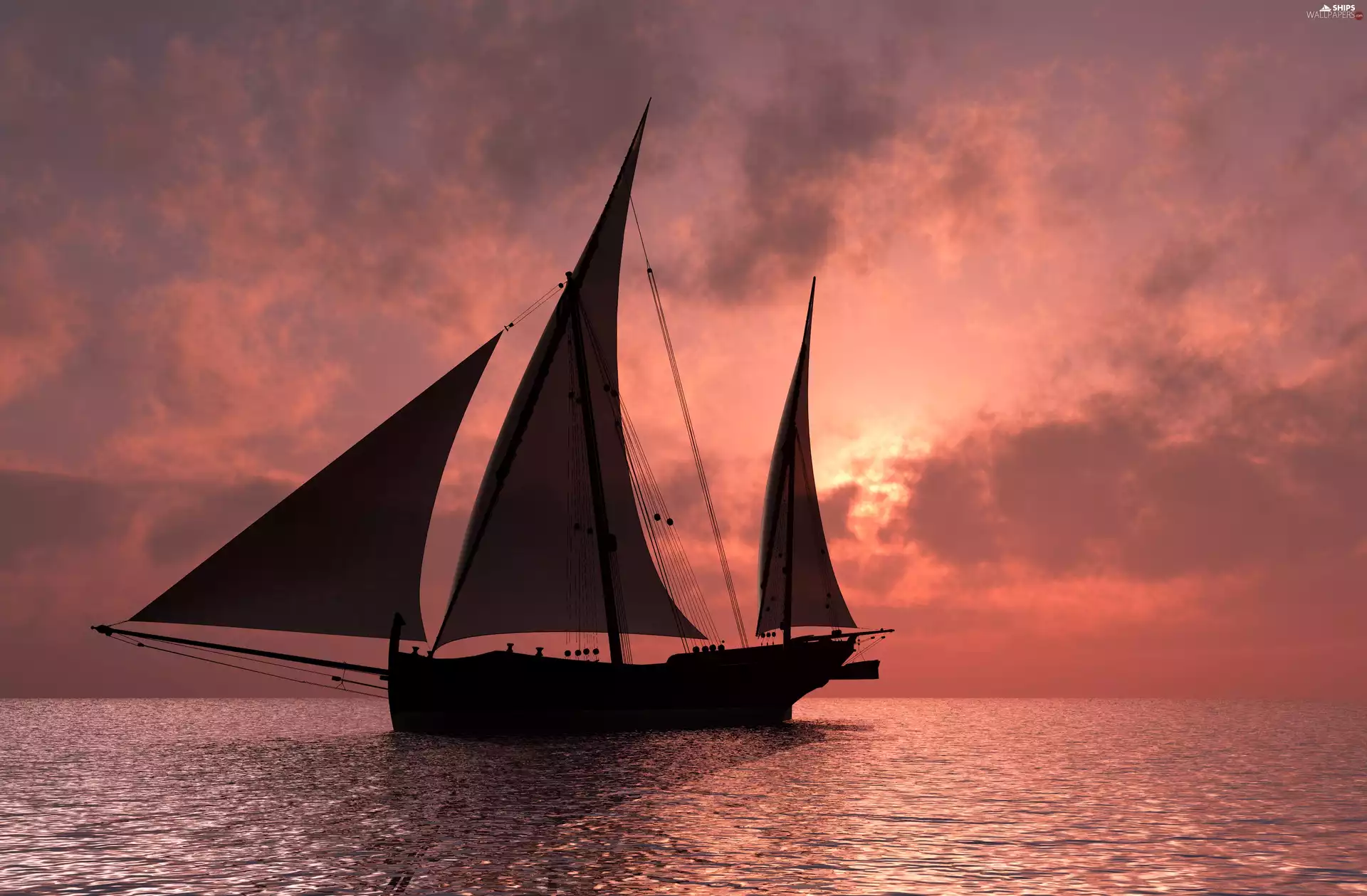 sea, sailing vessel, Great Sunsets