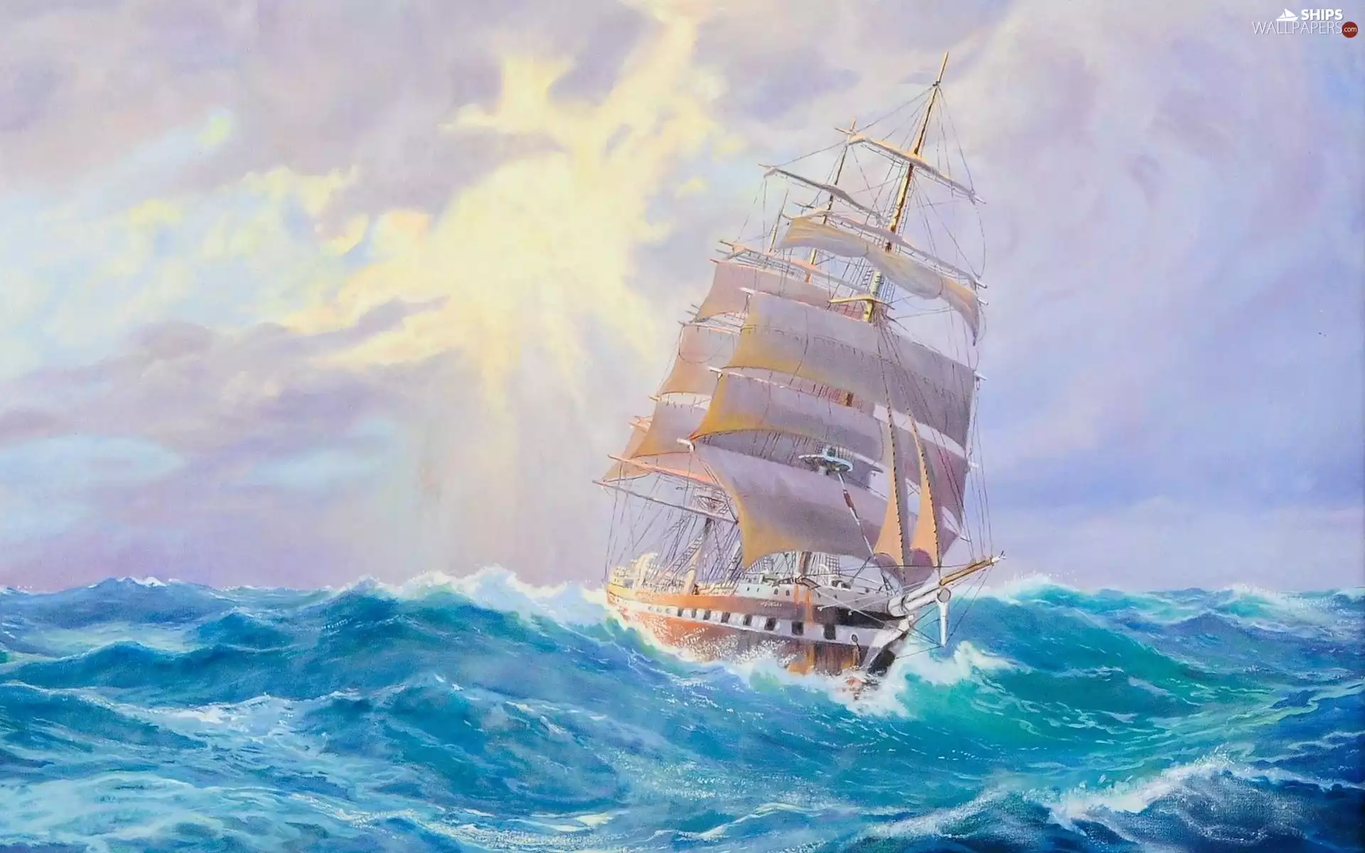 sea, sailing vessel, Art, Waves