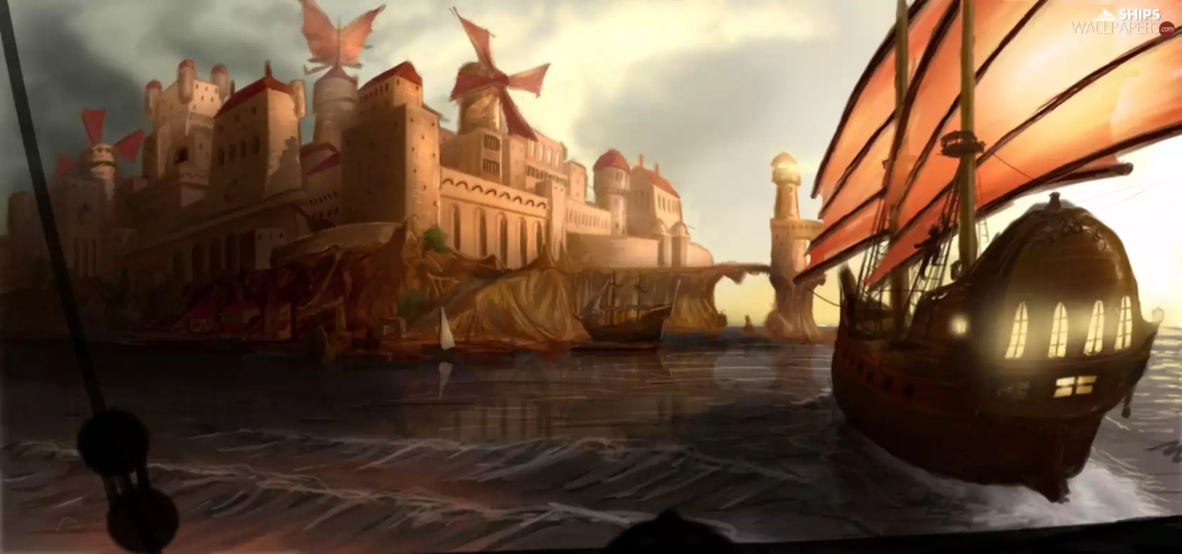 Town, sailing vessel, Buldings, Winds