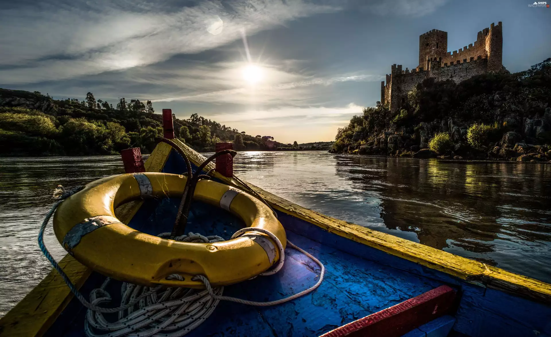 Santarem City, fortress, Boat, Tag River, Almourol Castle, Portugal, lifebuoy