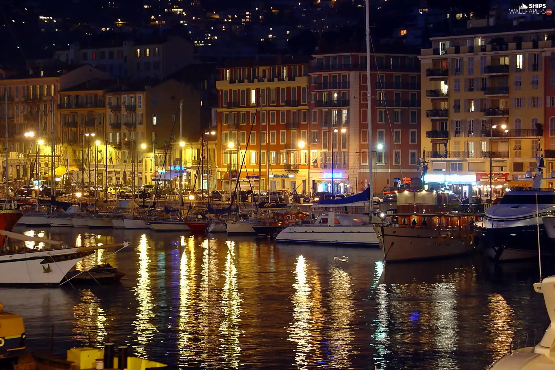 Coast, night, Boats, sea, Nicea, port, Yachts