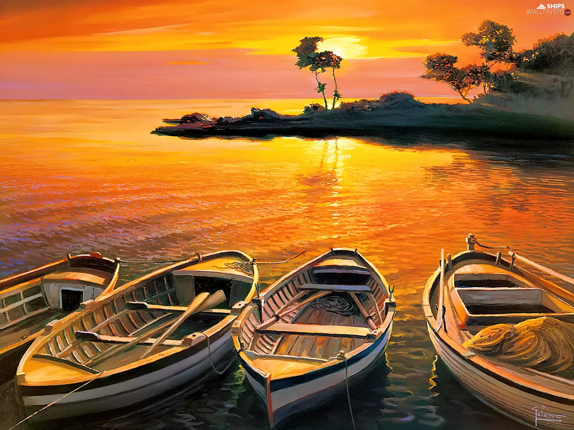 boats, west, sun, sea