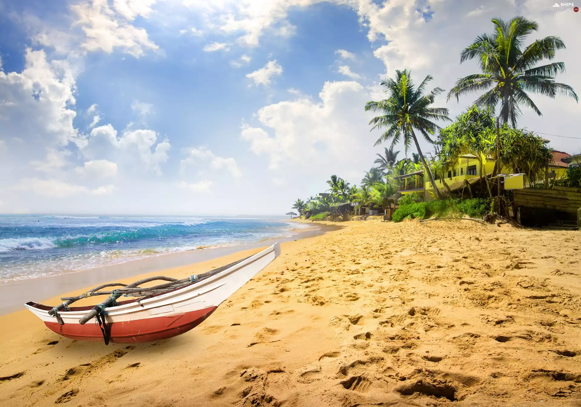 Boat, summer, Houses, Beaches, Sri Lanka, Palms, sea