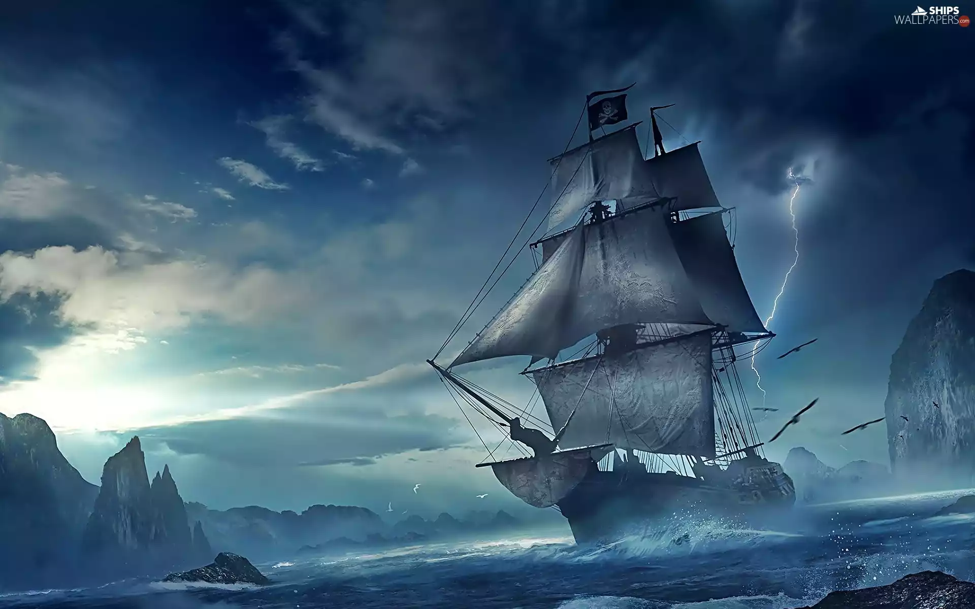 lightning, sailing vessel, sea