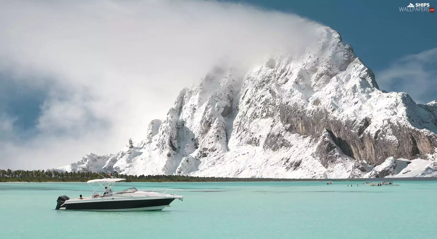 Mountains, sea, Motor boat, snow