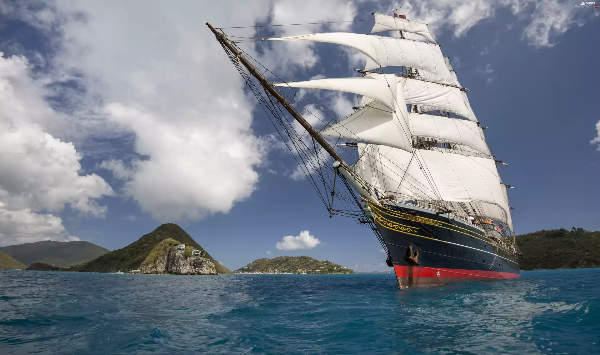Mountains, sailing vessel, sea