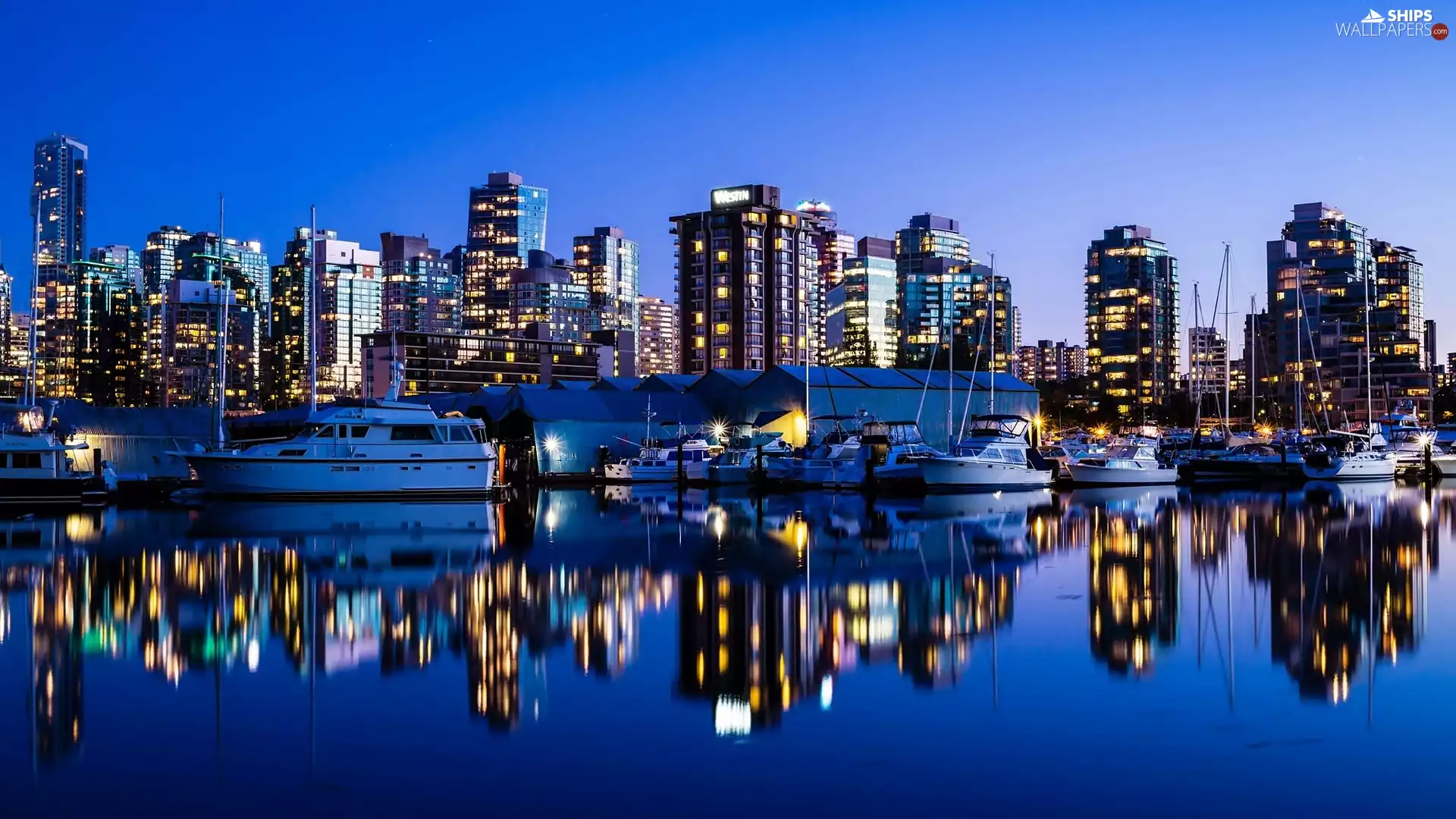skyscrapers, clouds, reflection, wharf, Yachts, Night, Vancouver, sea