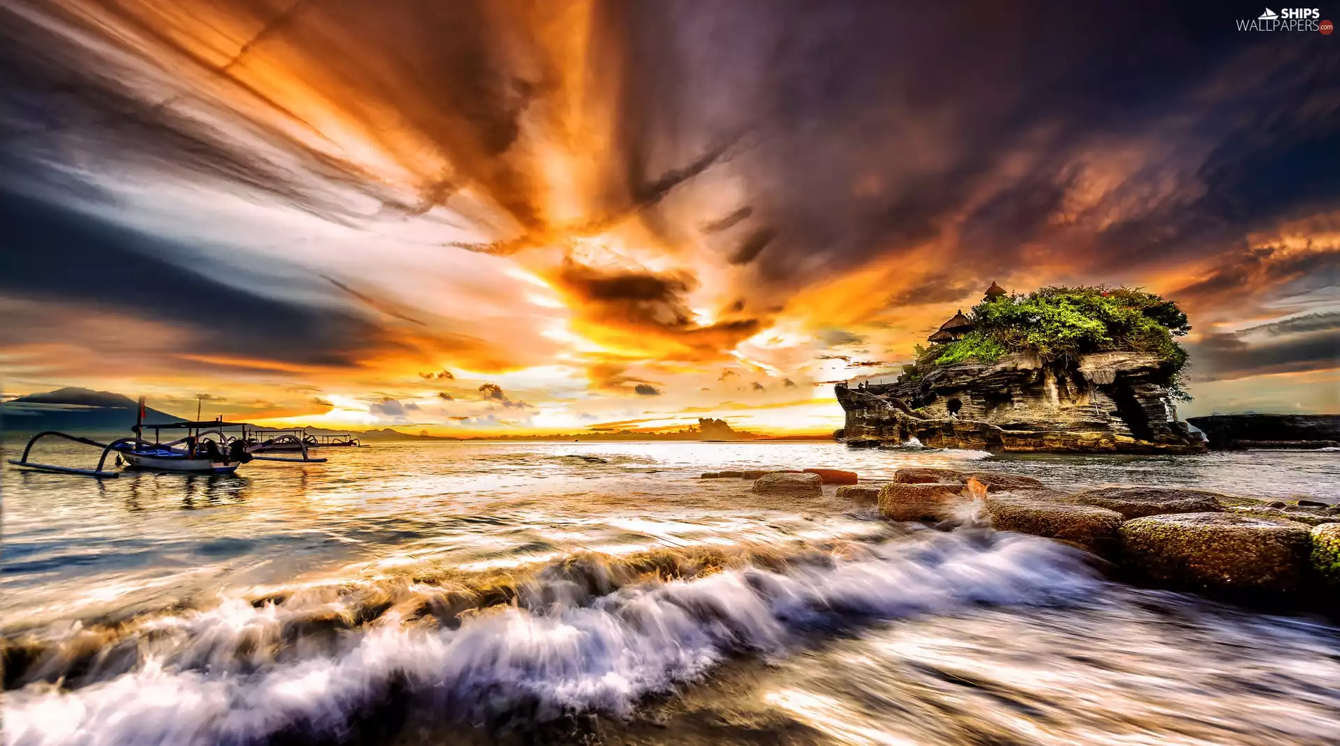 Boat, sea, Rocks, Great Sunsets