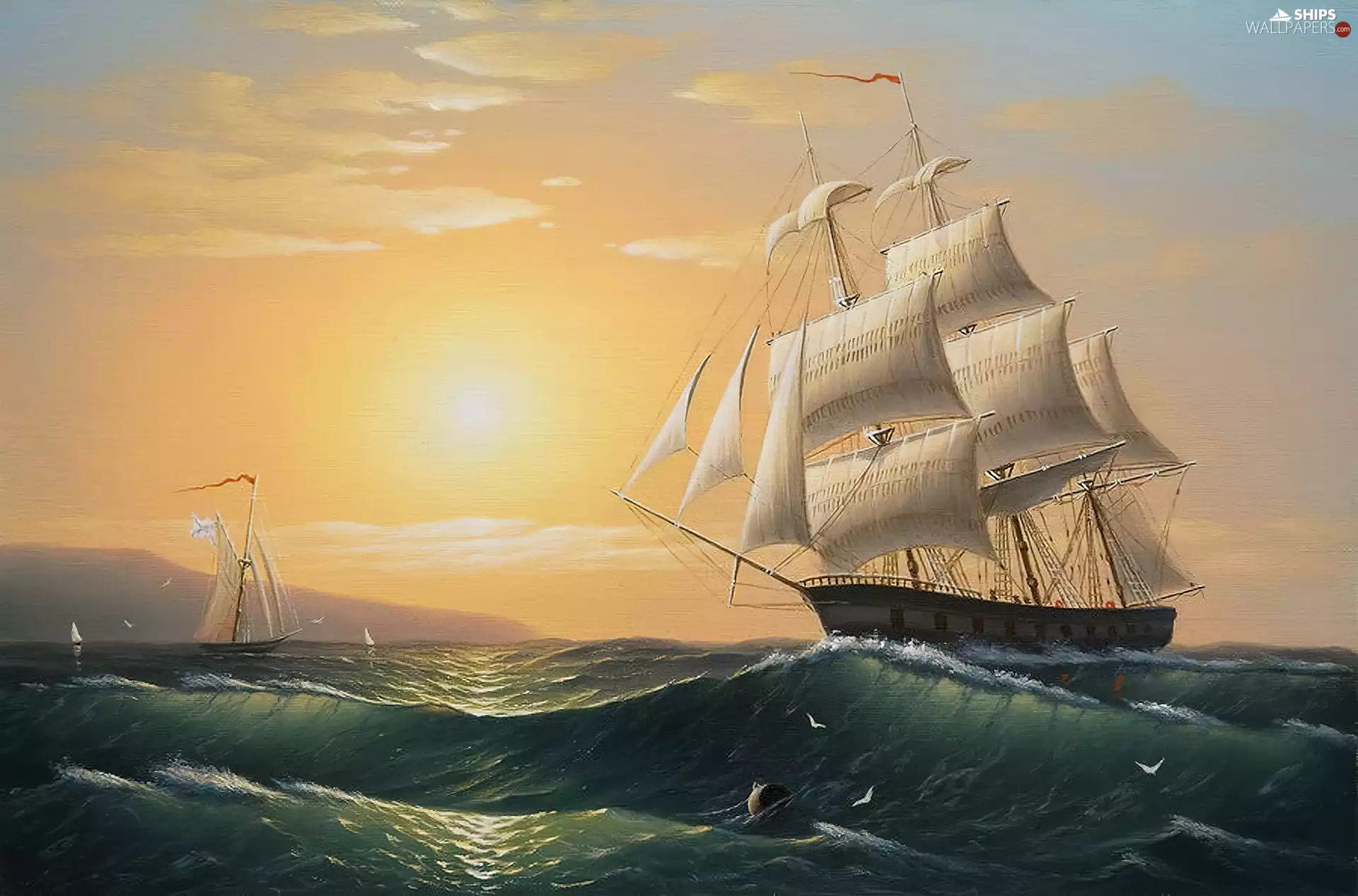 sailboats, west, sun, sea