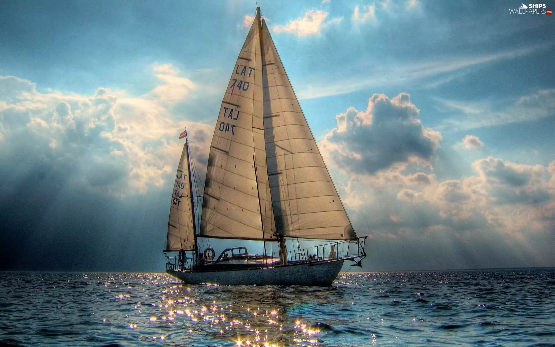 sailing vessel, clouds, sea