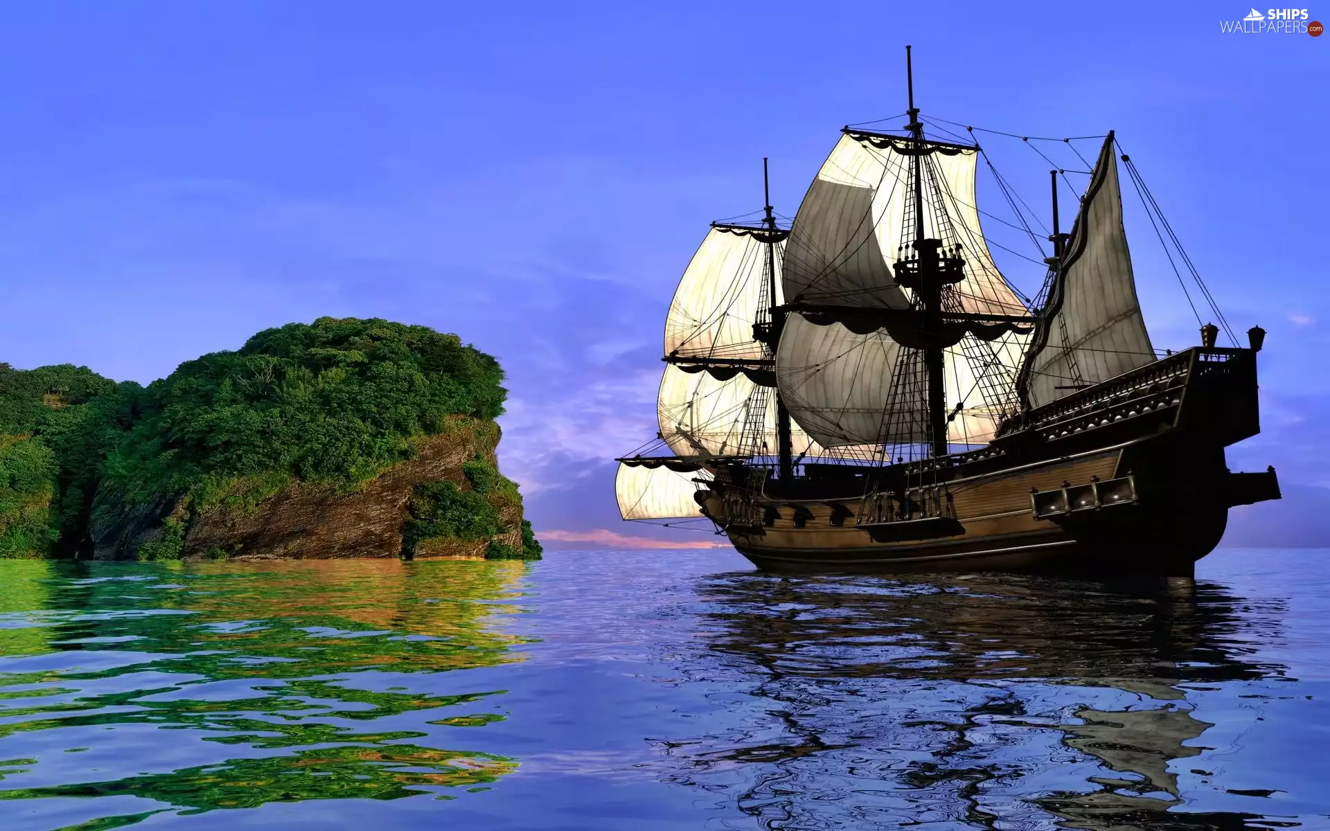 Green, sea, sailing vessel, Island