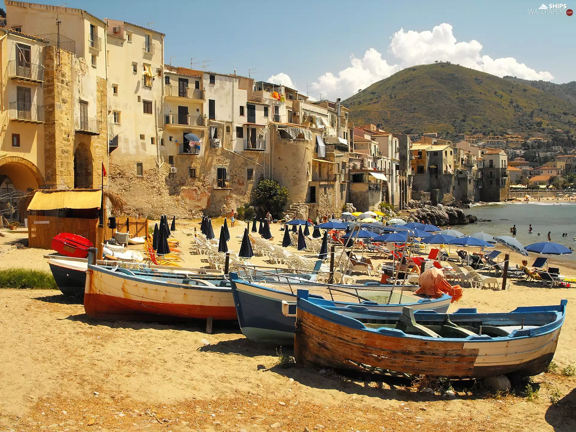 Houses, sea, Sicilia, boats, Cefalu