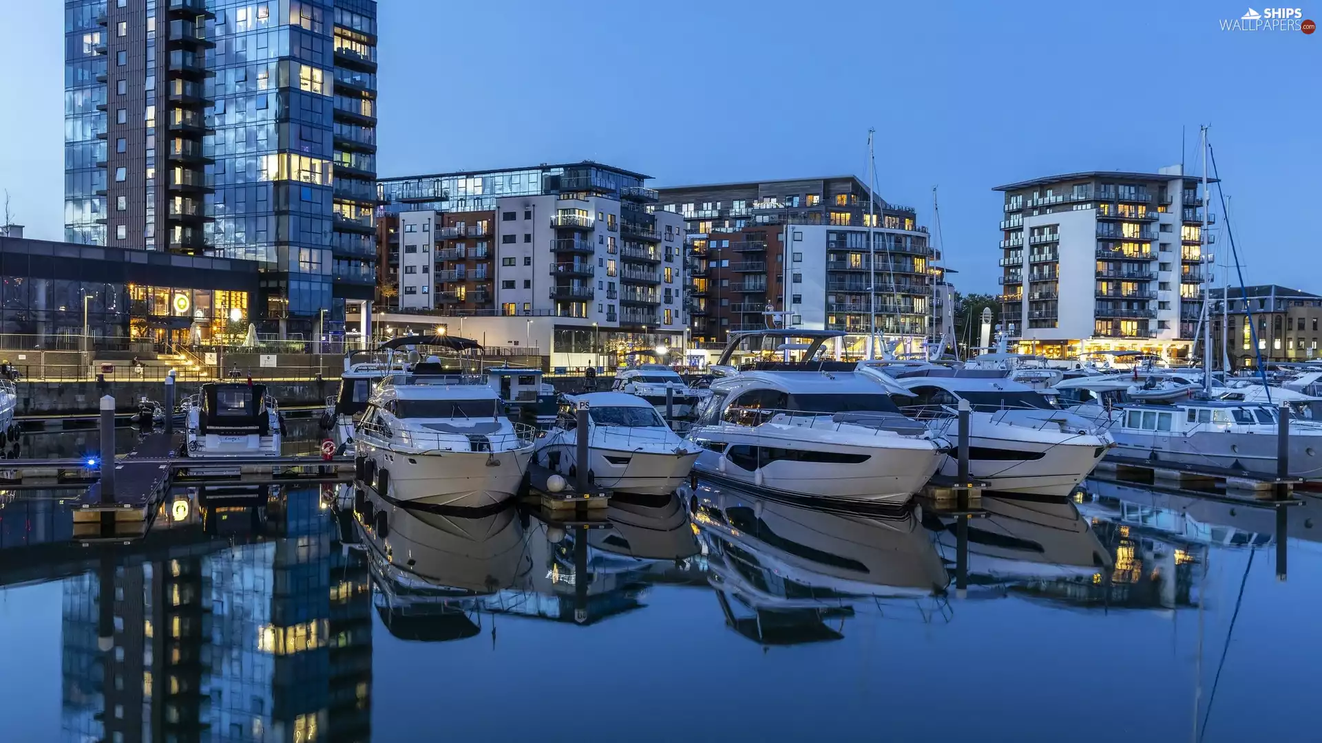 skyscrapers, Harbour, motorboat, sea