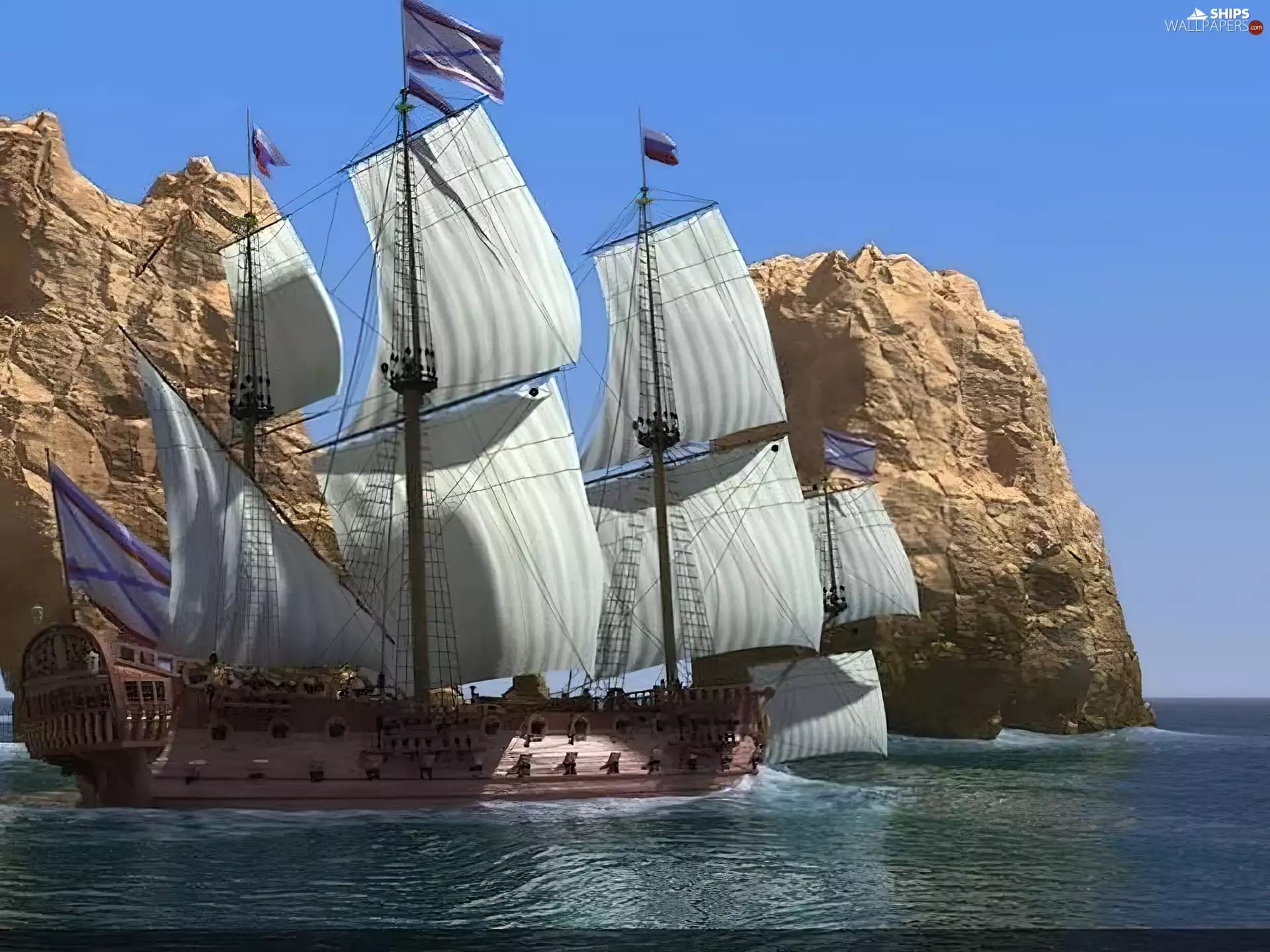 sailing vessel, rocks, sea, flag-staff