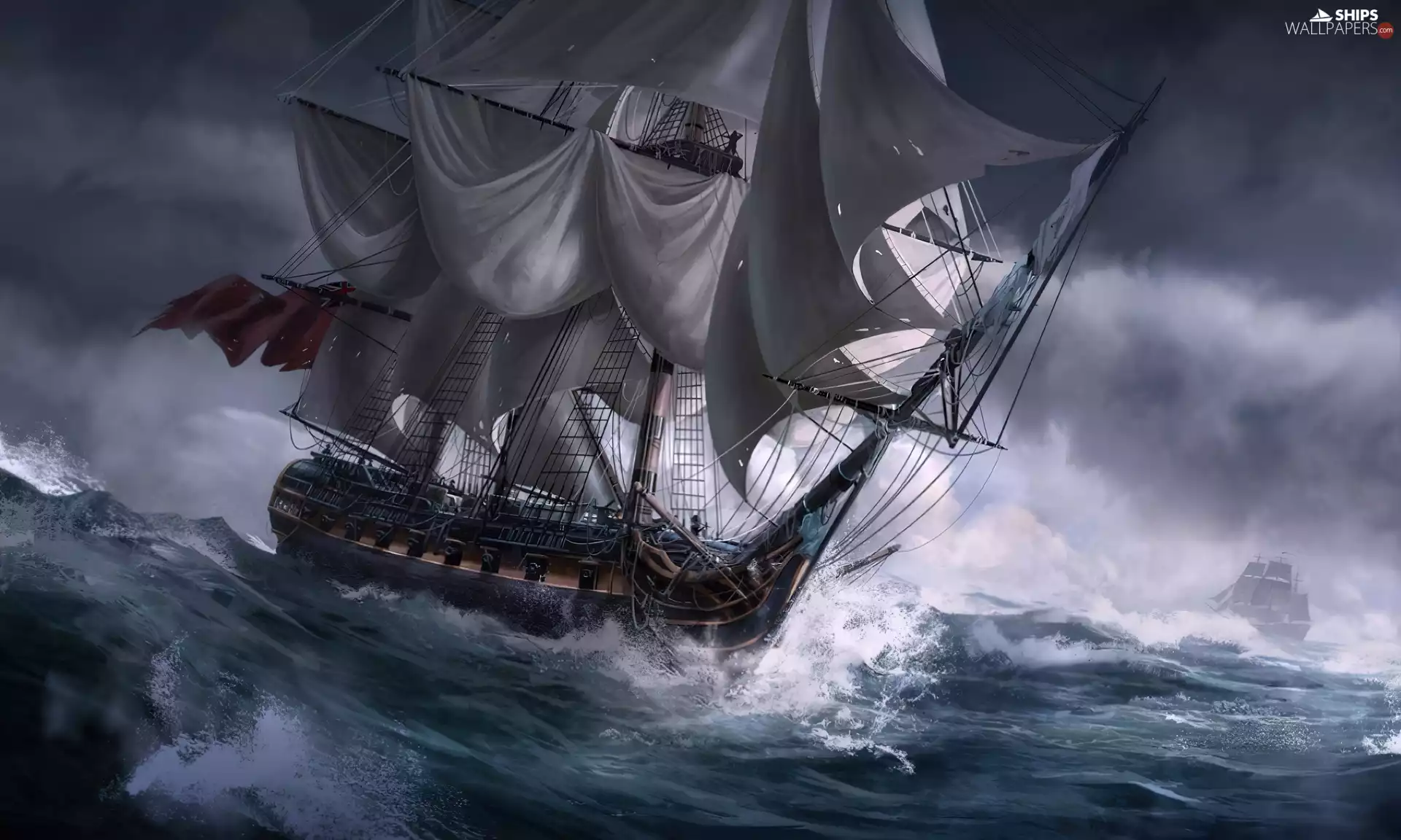 Storm, sailing vessel, sea