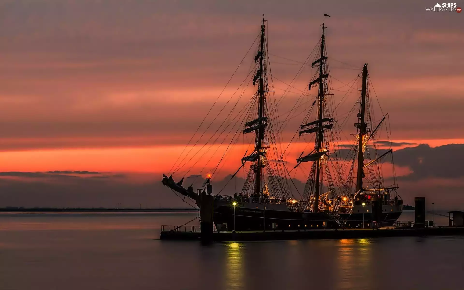 west, sun, pier, sea, sailing vessel