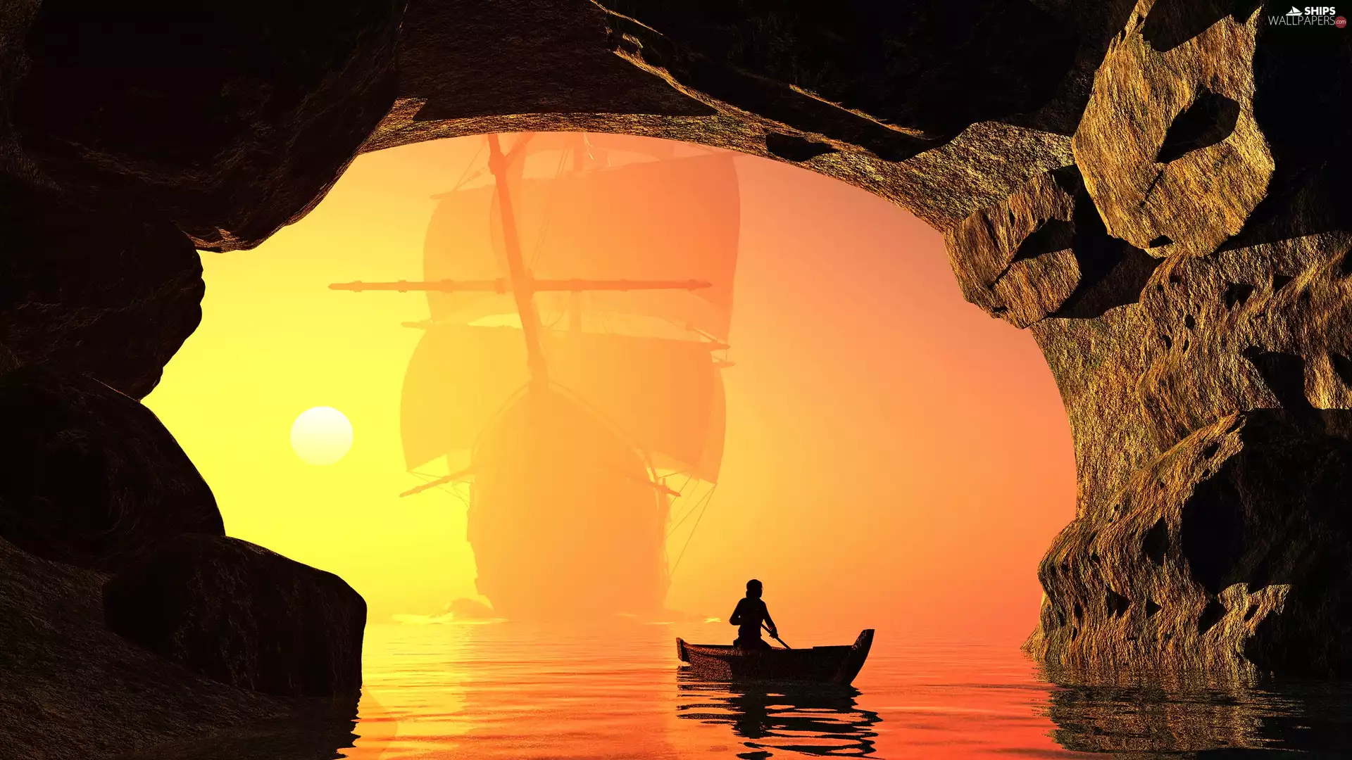 sea, Boat, Great Sunsets, Human, sailing vessel, Fog, cave