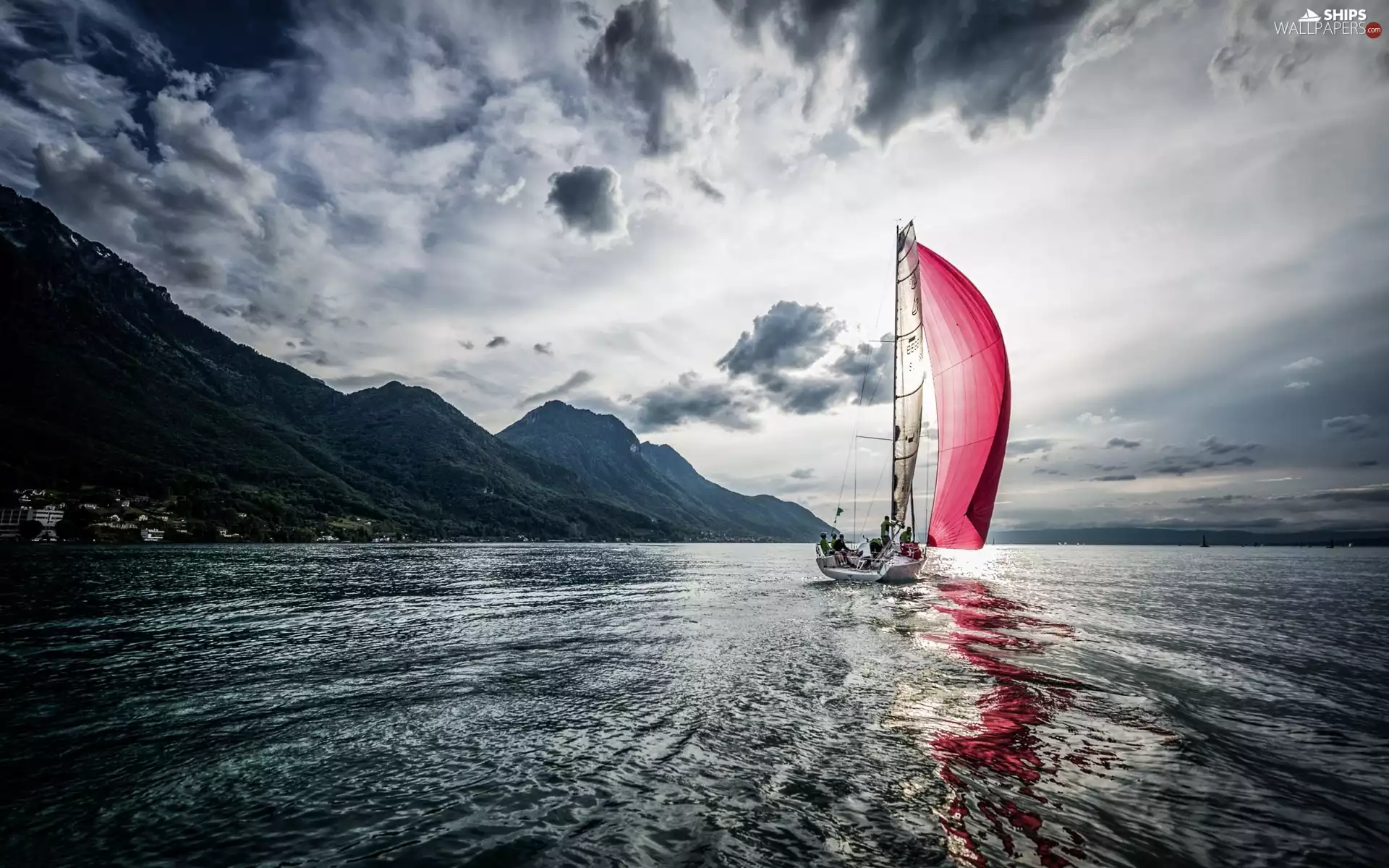 Yacht, Waves, Mountains, sea