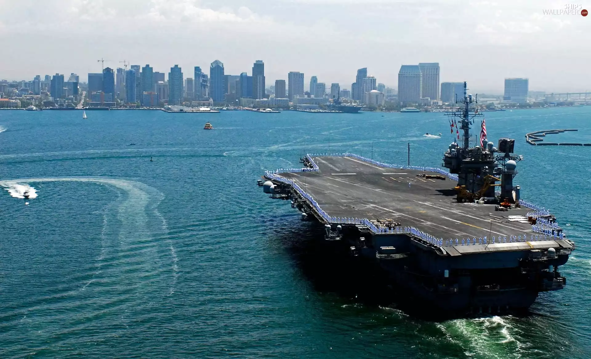 panorama, Ship, aircraft carrier, town