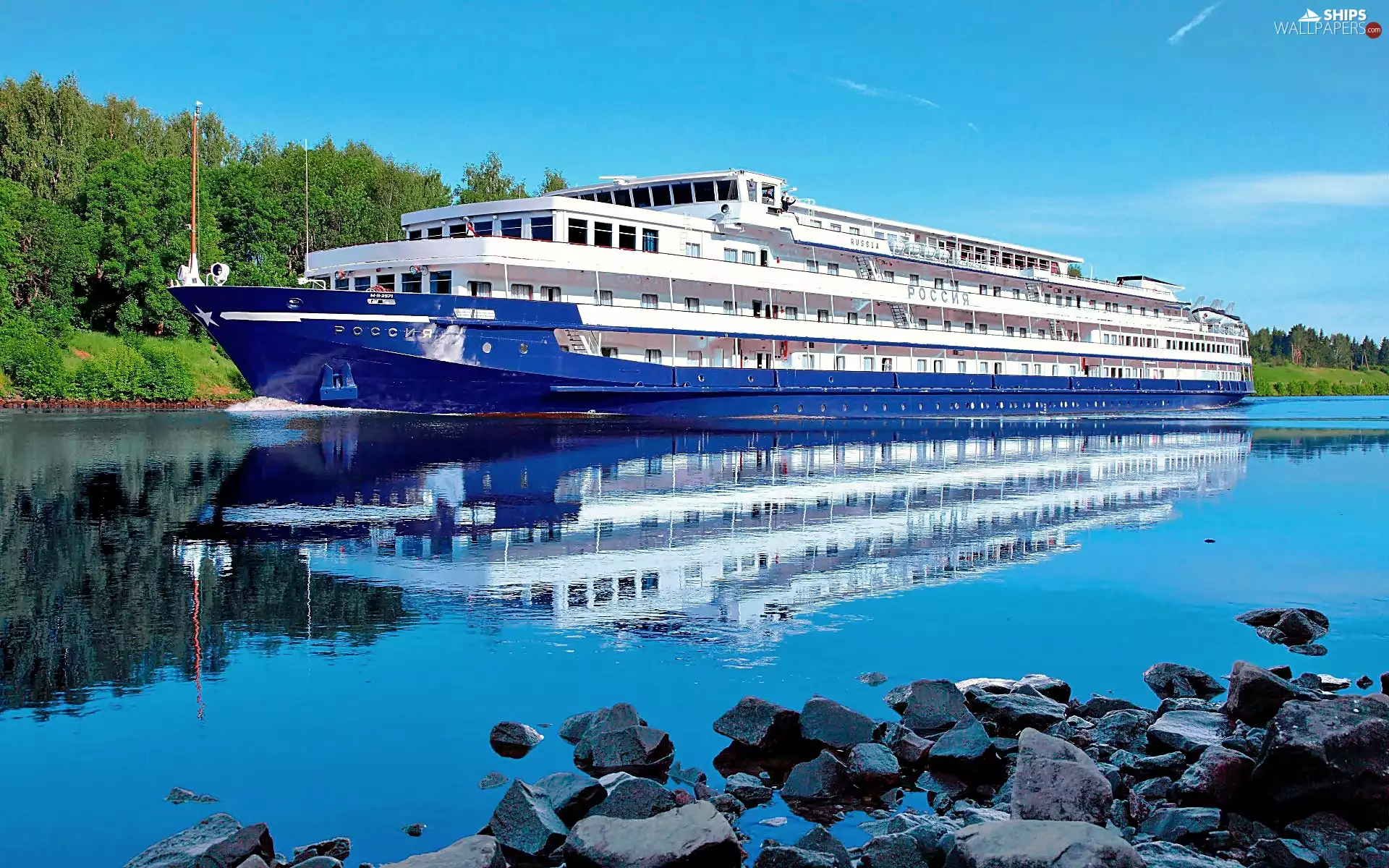 cruise, Volga, forest, Ship, River, Russia, Stones
