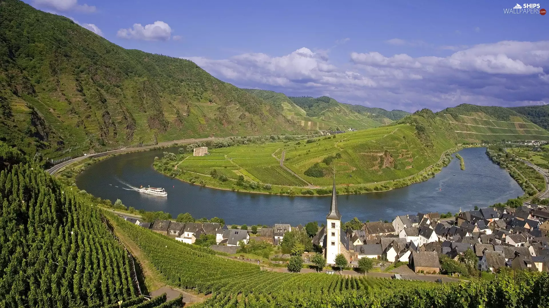 River, Germany, Town, Ship, Meander, Mountains