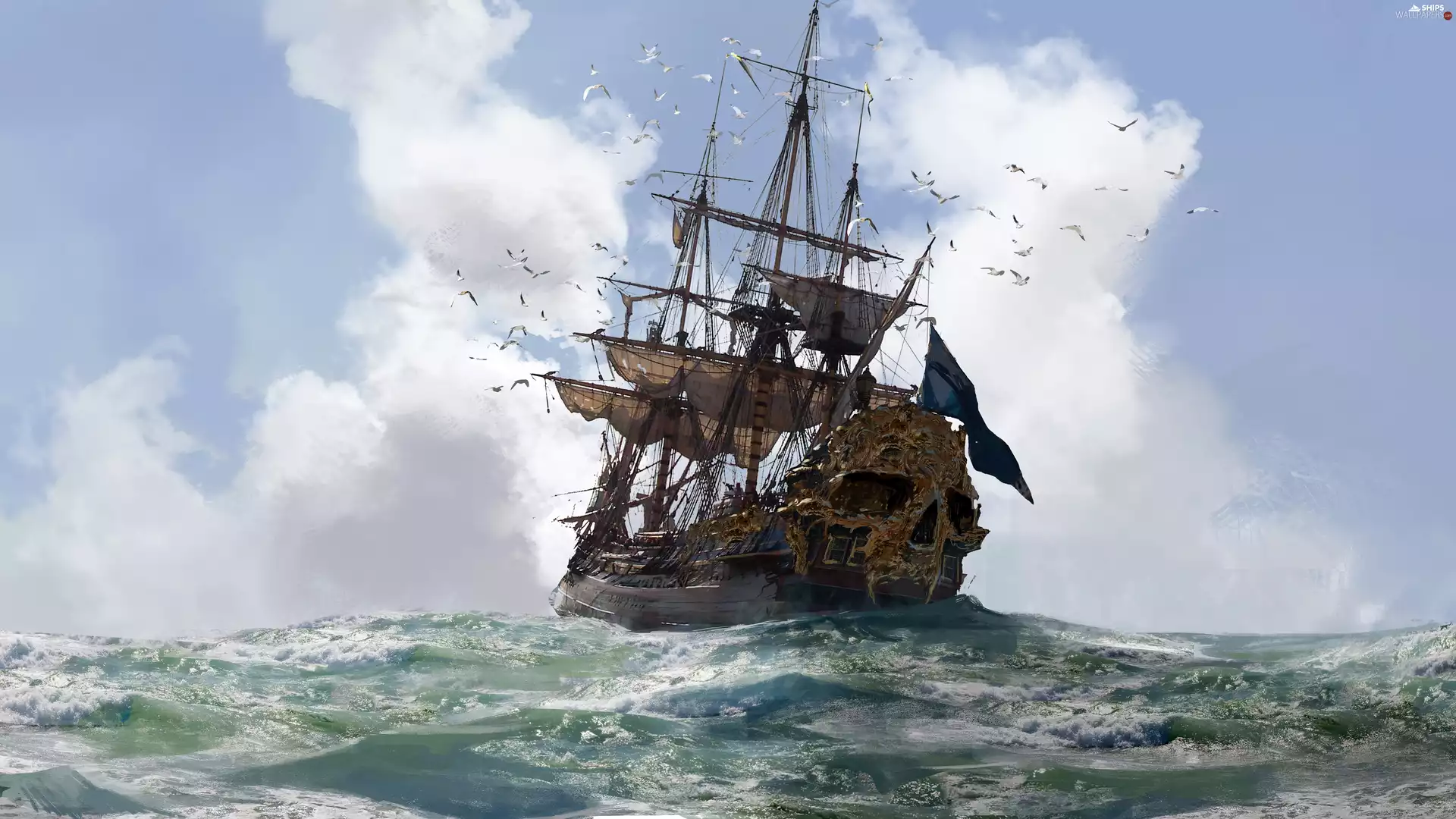 Ship, Skull and Bones, sea, birds, piratical, sailing vessel